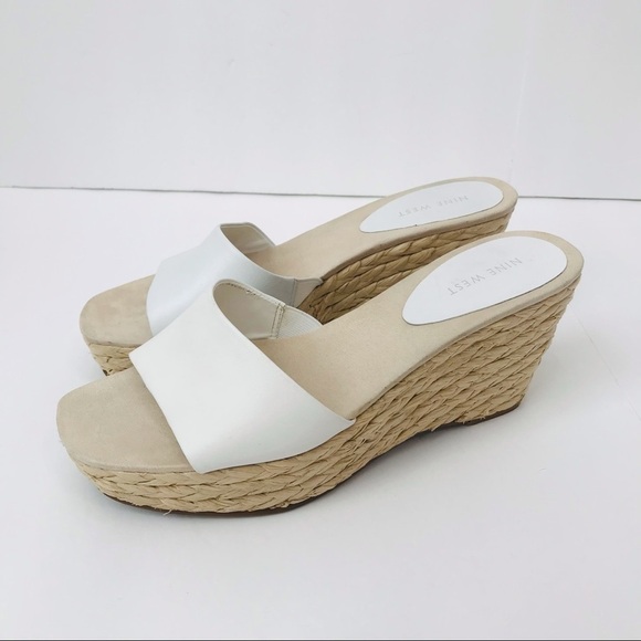 Nine West Librao Leather Straw Raffia Platform Wedge Square Toe Heel Sandals - Picture 3 of 9